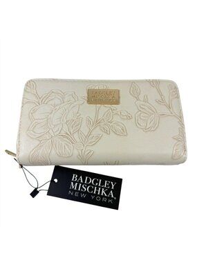 Badgley Mischka Lani Double Zip Clutch Wallet Bone Leather Embossed Rose Design